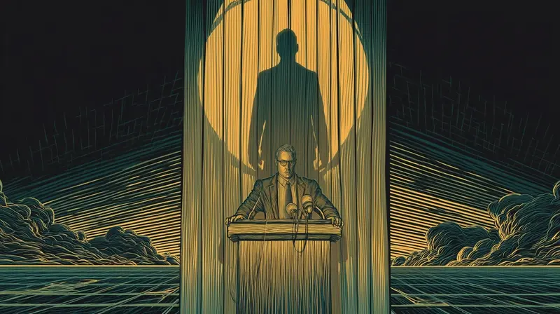 A press conference podium with amber spotlight, the speaker shadow shaped differently from the speaker
