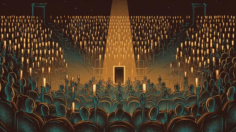 Um vasto anfiteatro de figuras sem rosto segurando cartazes luminosos de leilão, um único pódio vazio iluminado por um holofote âmbar no centro