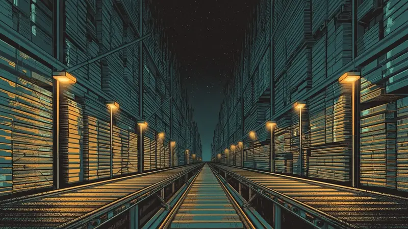 A vast warehouse at night with towering stacks of unprocessed orders receding into darkness, amber lights lining the walkway, conveyor belts stopped