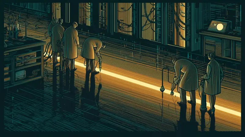 An enormous threshold line across a laboratory floor, scientists measuring what crosses it