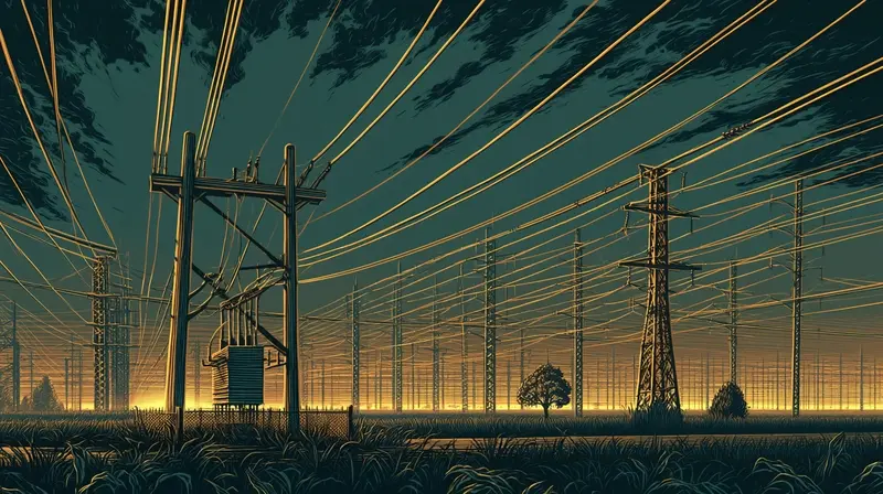 A vast amber electrical grid stretching across a dark landscape, power lines converging