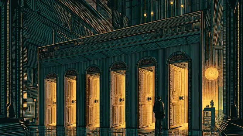 Multiple identical doors in a corridor, each amber-lit but leading to the same room