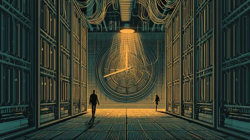 An enormous amber clock face embedded in a data center wall, hands made of fiber optic cables