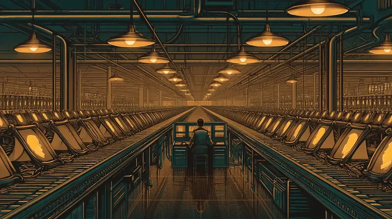 Um único operador diante de um console central supervisionando uma esteira infinita de telas verticais, luz industrial âmbar, a fábrica de conteúdo funcionando sem ninguém