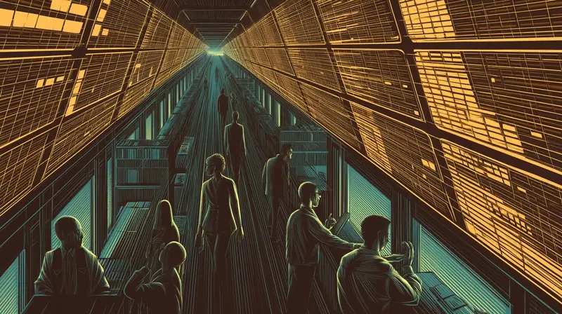 A trading floor exchanging credibility, amber ticker boards showing prediction market odds