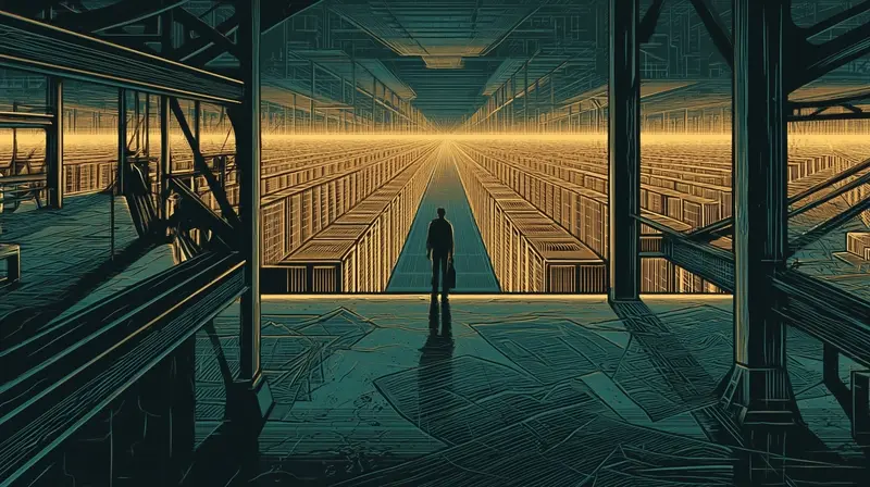 A figure standing in an unfinished structure with exposed steel beams and scattered blueprints, looking out at a vast completed server corridor stretching to infinity