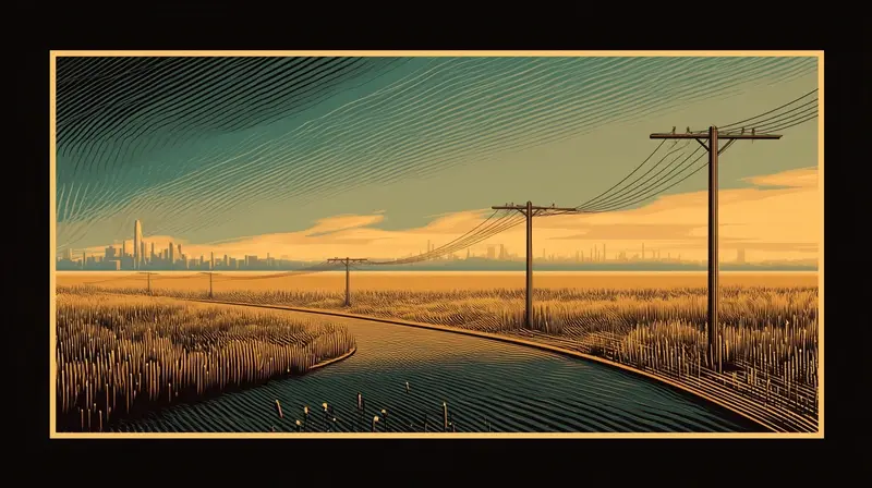 Two copper telegraph wires stretching across a vast amber landscape, the first connection