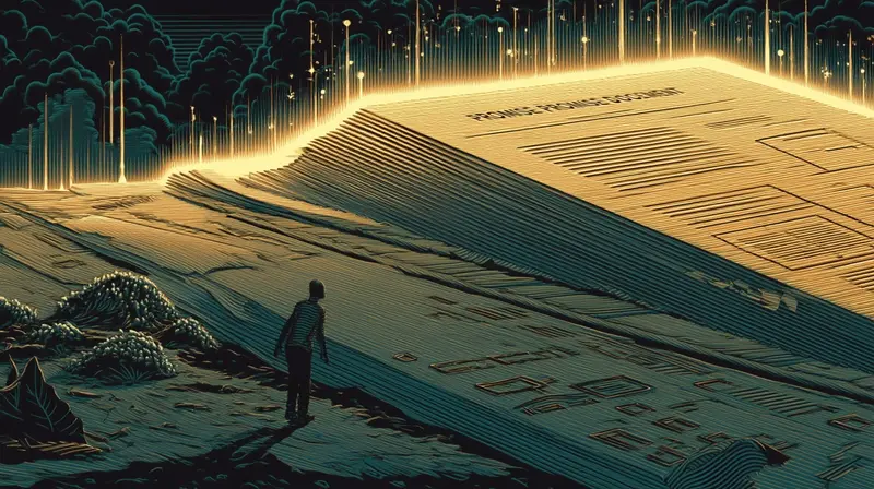 A glowing promise document decaying in a landscape, the half-life of voluntary commitments