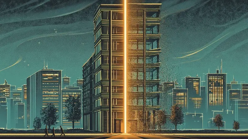 A corporate building split in half by an amber line of light, one side intact and the other dissolving into particles