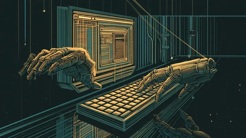 Disembodied mechanical hands hovering over a keyboard in darkness, the screen showing a browser being operated autonomously