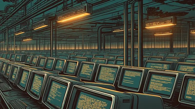 Rows of old CRT monitors in a warehouse, screens displaying cached content under amber emergency lights, a digital graveyard