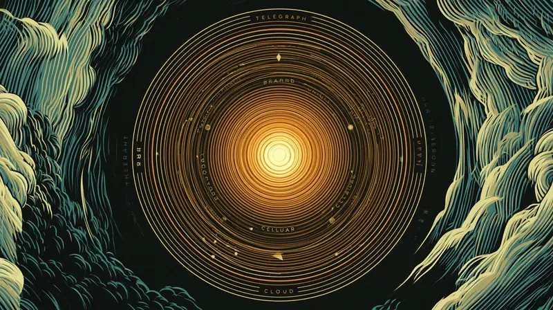 Five concentric amber rings expanding outward, each labeled with an era of infrastructure