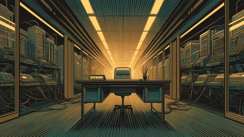 An empty desk with an INTERN nameplate in an amber-lit corridor, surrounded by running automated terminals