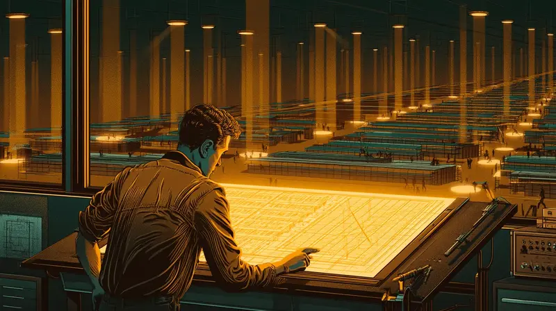 A figure bent over a glowing blueprint at a drafting table, a vast workshop extending behind with amber light and many builders instantiating the same design