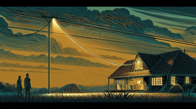 A single cable running from a telephone pole to a house in amber light, the last mile