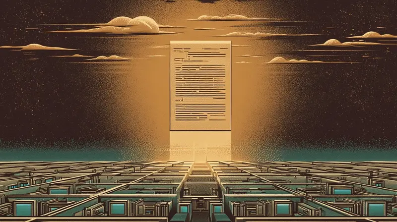 A glowing executive memo floating in amber light above rows of empty office desks, the gap between mandate and adoption