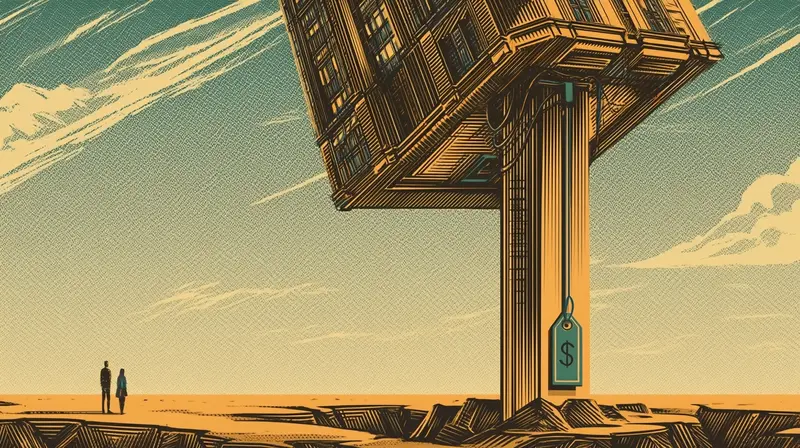 Um enorme edifício equilibrado precariamente sobre um único pilar fino com uma etiqueta de preço, figuras minúsculas olhando para cima para a dependência