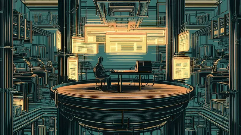 Uma única pessoa em uma mesa iluminada sobre uma plataforma elevada, cercada por dezenas de terminais autônomos brilhantes em um vasto espaço industrial escuro