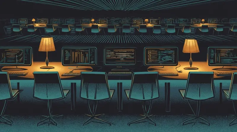 Um escritório vazio às 3 da manhã, telas brilhando com código em execução, cadeiras vazias, abajures âmbar projetando círculos de luz quente enquanto agentes de IA trabalham durante a noite