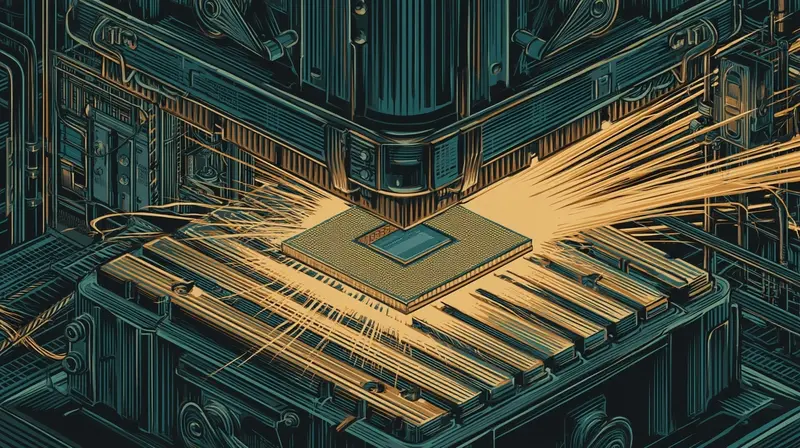 A microchip under an enormous industrial press with amber sparks flying, the pressure of export controls on semiconductor manufacturing