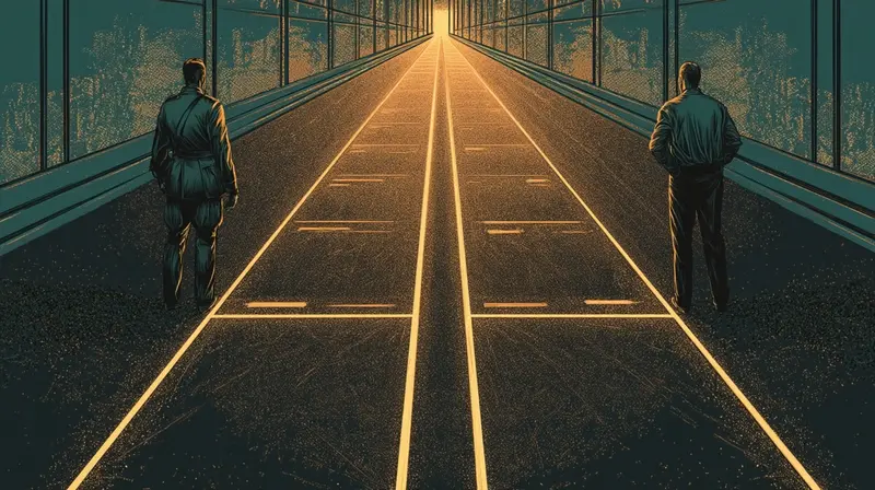 Two figures on opposite sides of converging amber lines in a dark corridor, military and civilian, the lines meeting at a vanishing point