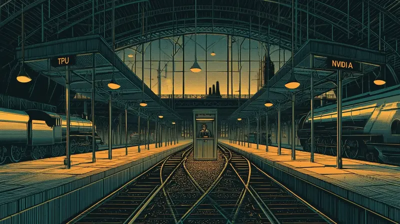 A dusk railway junction with two platforms labeled TPU and NVIDIA converging on a single station, amber lamps and tracks in the foreground