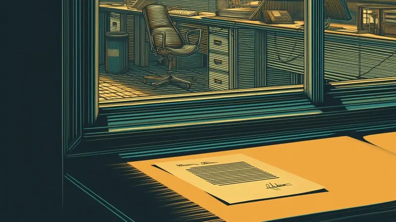 A resignation letter on an amber-lit desk, the office visible through a window where nothing changed