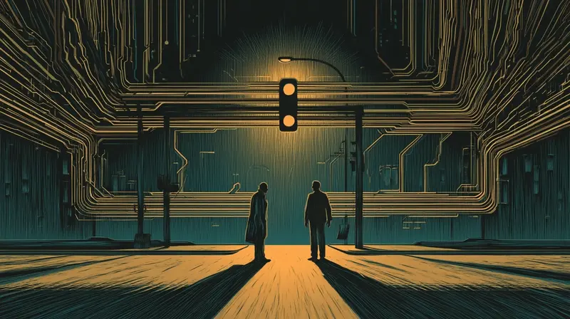 Two figures meeting at an amber-lit intersection, circuit board patterns in the walls, former rivals reunited