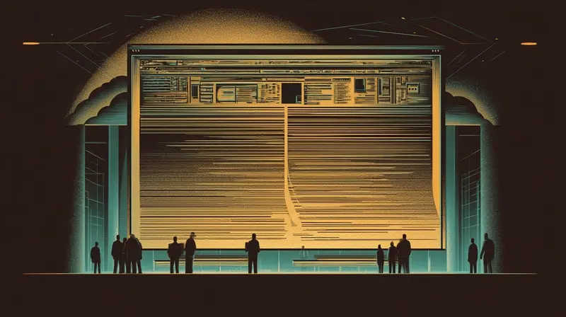 An enormous browser window being rewritten in real time, silhouettes watching as the content shifts