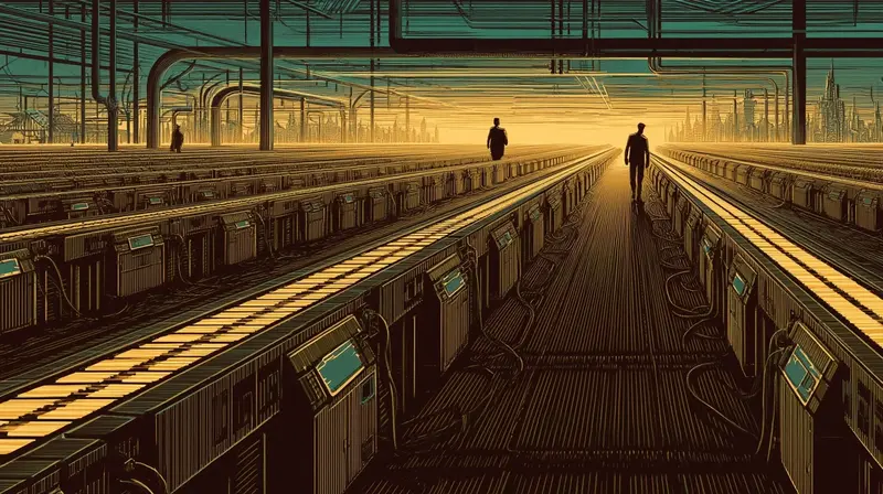 Two parallel production lines of inference chips stretching to an amber horizon, figures walking between them, the doubling of scale