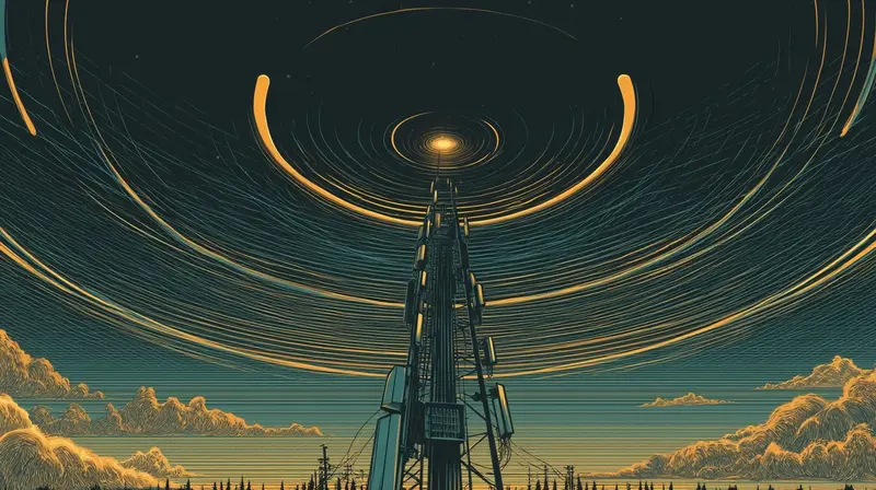 Radio waves as amber ripples in a dark sky above a cellular tower, spectrum as finite real estate