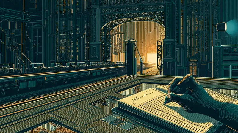 A hand writing a signature on a ledger at a desk, with an ornate iron inspection gate and a factory conveyor stretching into amber light behind it