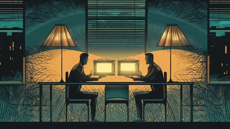 Two executives across a negotiation table exchanging glowing briefcases under amber lamplight, a third empty chair between them