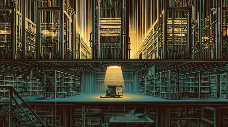 A cross-section showing towering server racks glowing with amber light above, and a single laptop under a desk lamp on a sparse retail floor below, the infrastructure consuming everything while the consumer gets what remains