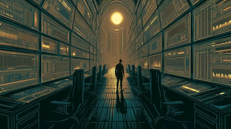 Uma figura solitária caminhando por um corredor de telas de monitoramento, a telemetria vigiando a telemetria