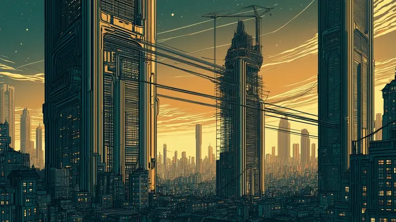 Duas torres corporativas cyberpunk gigantescas emoldurando uma cidade ao amanhecer, uma terceira torre em construção ao fundo conectada às gigantes por cabos de dados, a terceira plataforma entrando na rede