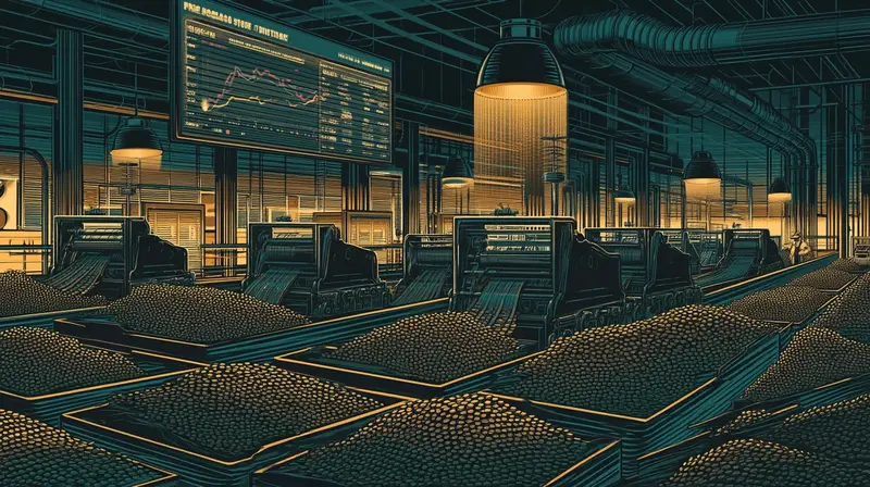 Piso industrial de cunhagem à noite com máquinas produzindo tokens em escala, painel de preços mostrando custos em queda enquanto contêineres transbordam