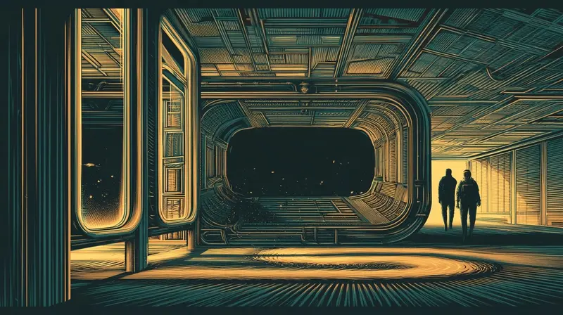 Two figures standing before a massive void in a dark industrial space, the space where something was recently removed, defense tech moving in