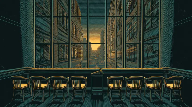 A row of amber-lit wooden jury chairs facing floor-to-ceiling windows with a cityscape of corporate towers receding into golden light, a gavel resting on the railing