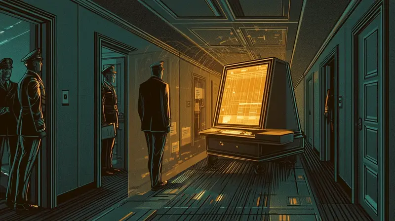 A glowing amber terminal being wheeled into a dark Pentagon corridor, officers watching from doorways