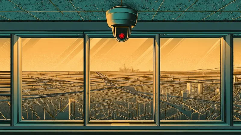 A surveillance camera with a red eye mounted above a vast amber-lit window overlooking an infinite cityscape