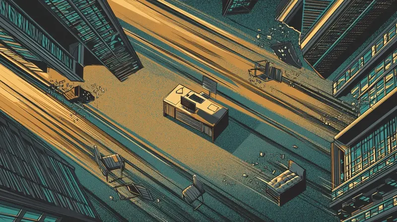 A startup office mid-collapse viewed from above, furniture suspended in mid-air, a single desk undisturbed at the center with work still on it