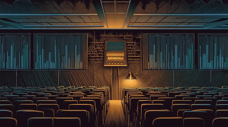 Fileiras vazias de auditório se estendendo ao infinito, um terminal luminoso à frente sob luz âmbar, gráficos de uso flanqueando as paredes