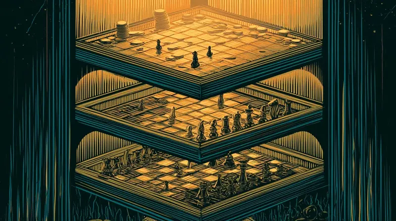 Três tabuleiros de jogo empilhados verticalmente, as mesmas peças nos três, um para chips, um para modelos, um para políticas