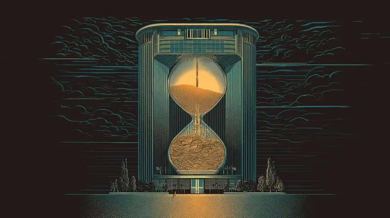A building-sized hourglass in darkness, amber sand flowing through it, six years of negotiation compressed into flowing grains