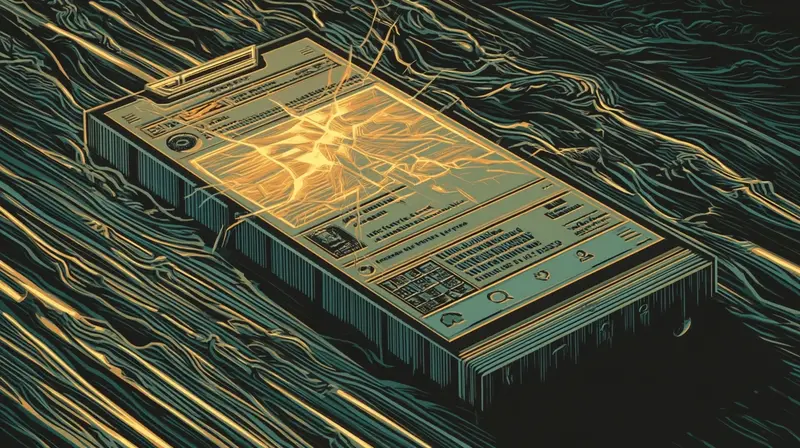 A phone screen showing a social media feed glitching, censored content visible through amber cracks