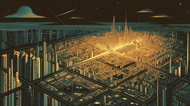 Aerial view of a vast amber city where each neighborhood is a different topic, streets connecting areas