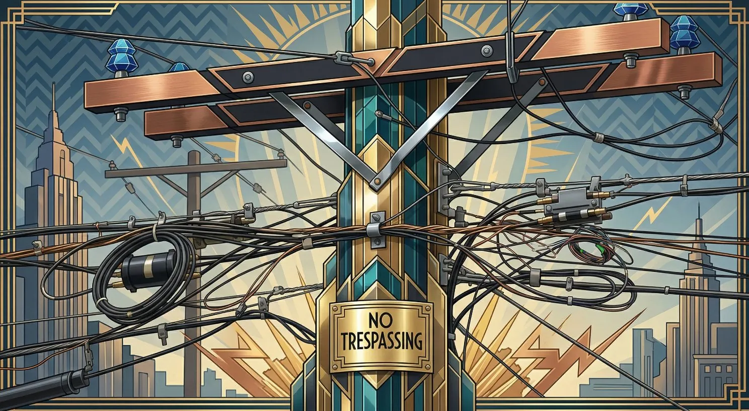 Art deco illustration of a utility pole loaded with tangled cable attachments from multiple telecom and cable providers, with a No Trespassing sign — the physical last-mile bottleneck that defines broadband monopoly economics