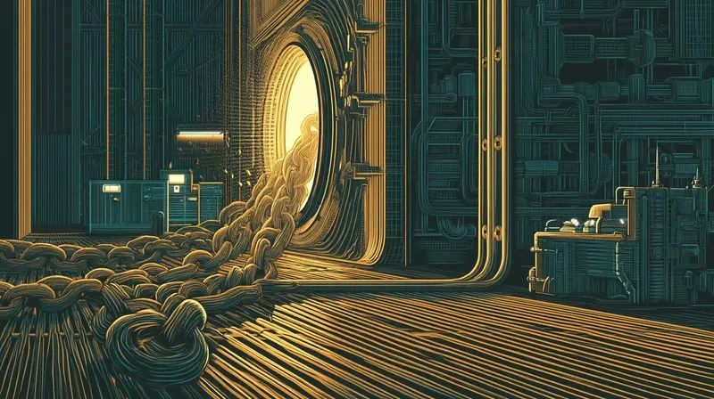 Correntes pesadas caídas ao lado de um portal aberto que brilha em âmbar, a máquina liberta