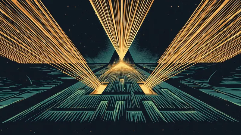 Three amber beams converging on a single point from different angles in a dark geometric space